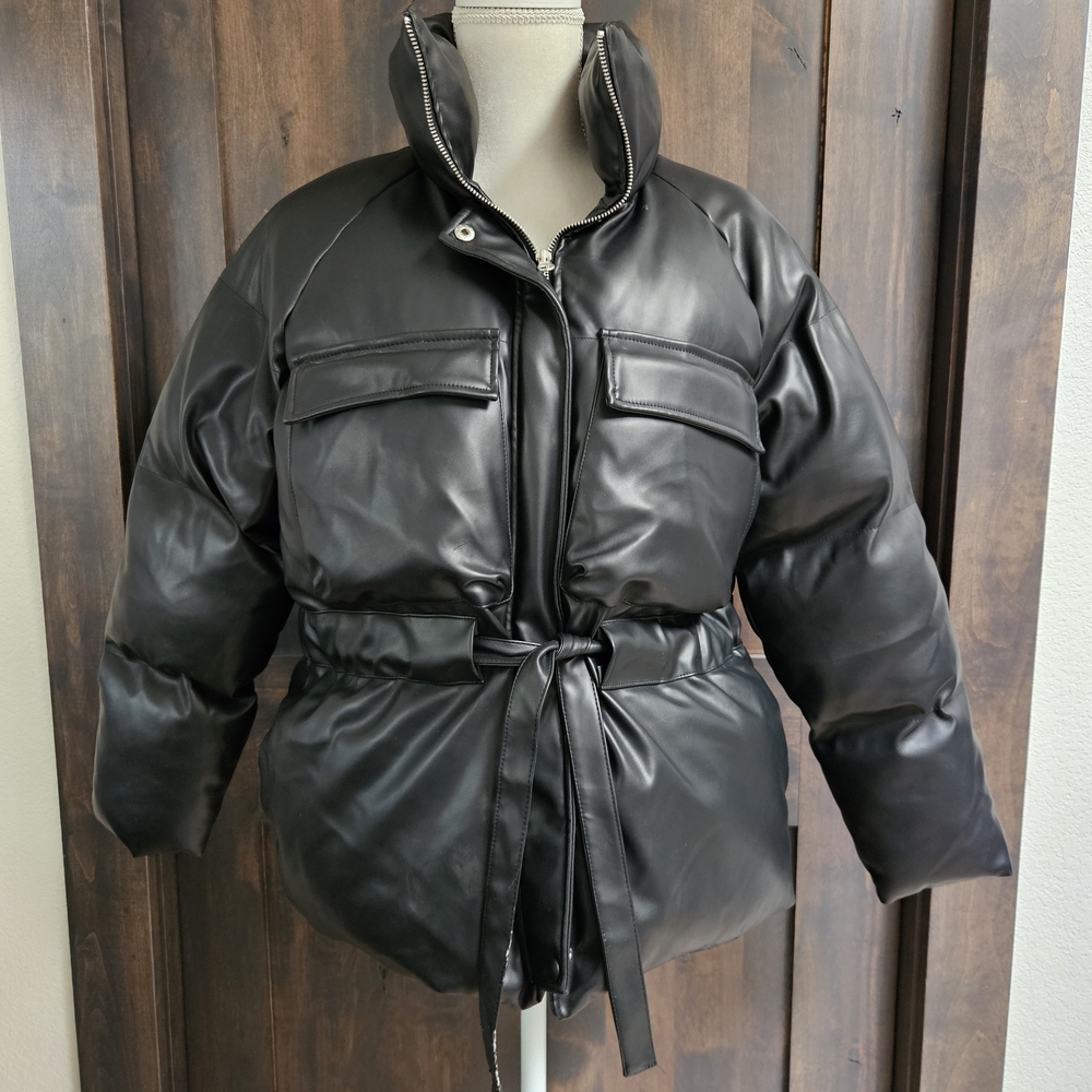 Missguided Black Pleather Puffer Jacket - Size 6
